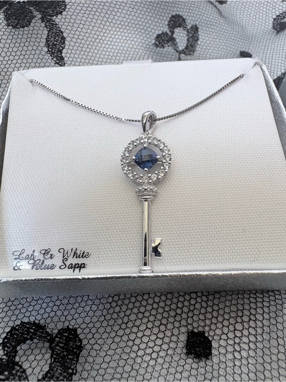 Kohl's NWT Signed AU 925 Sterling Silver Lab Blue White Sapphire Key Necklace